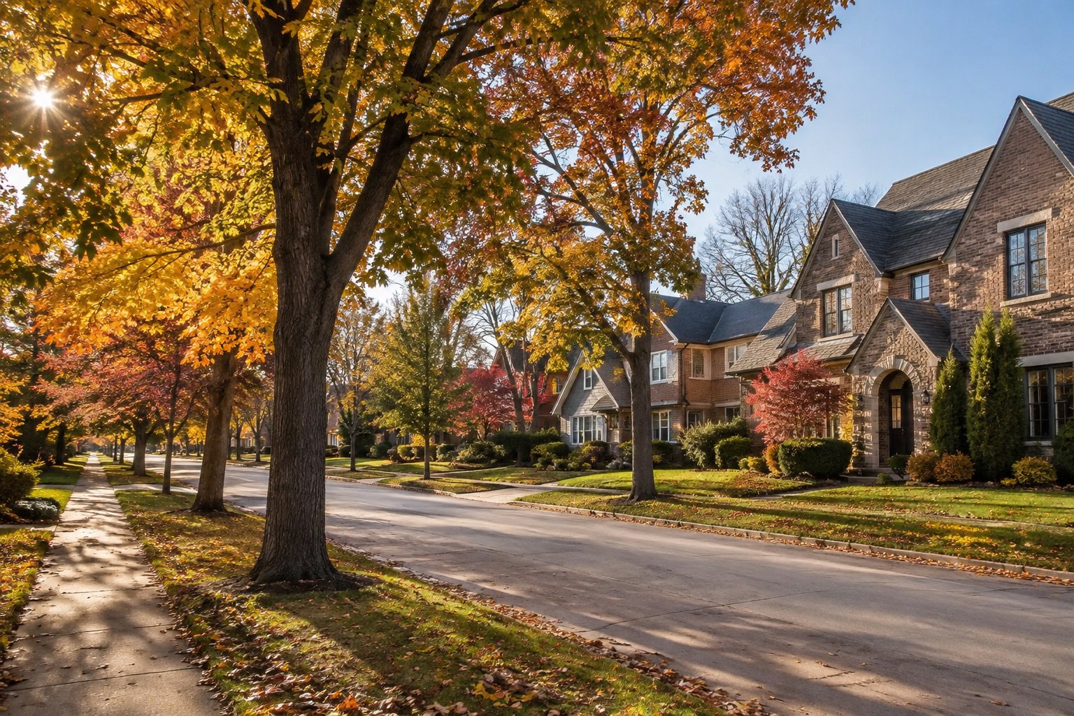A tree lined suburban street in autumn light, illustrative