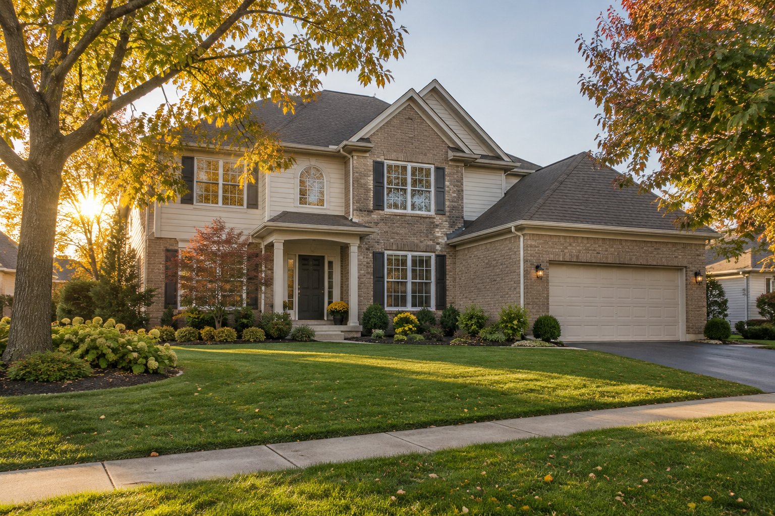 A two story suburban home with a manicured lawn in warm evening light, illustrative