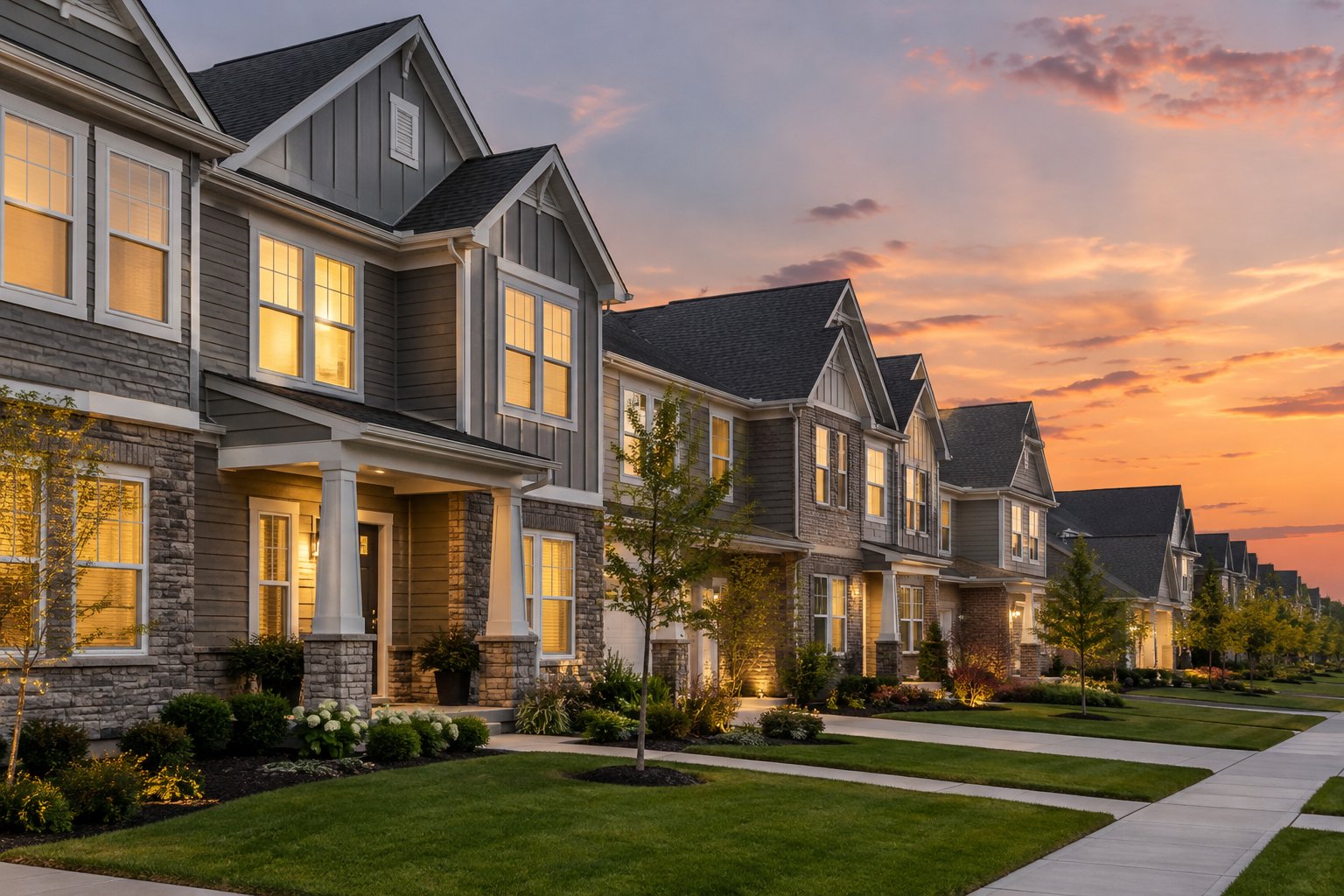 Suburban townhomes at dusk, illustrative