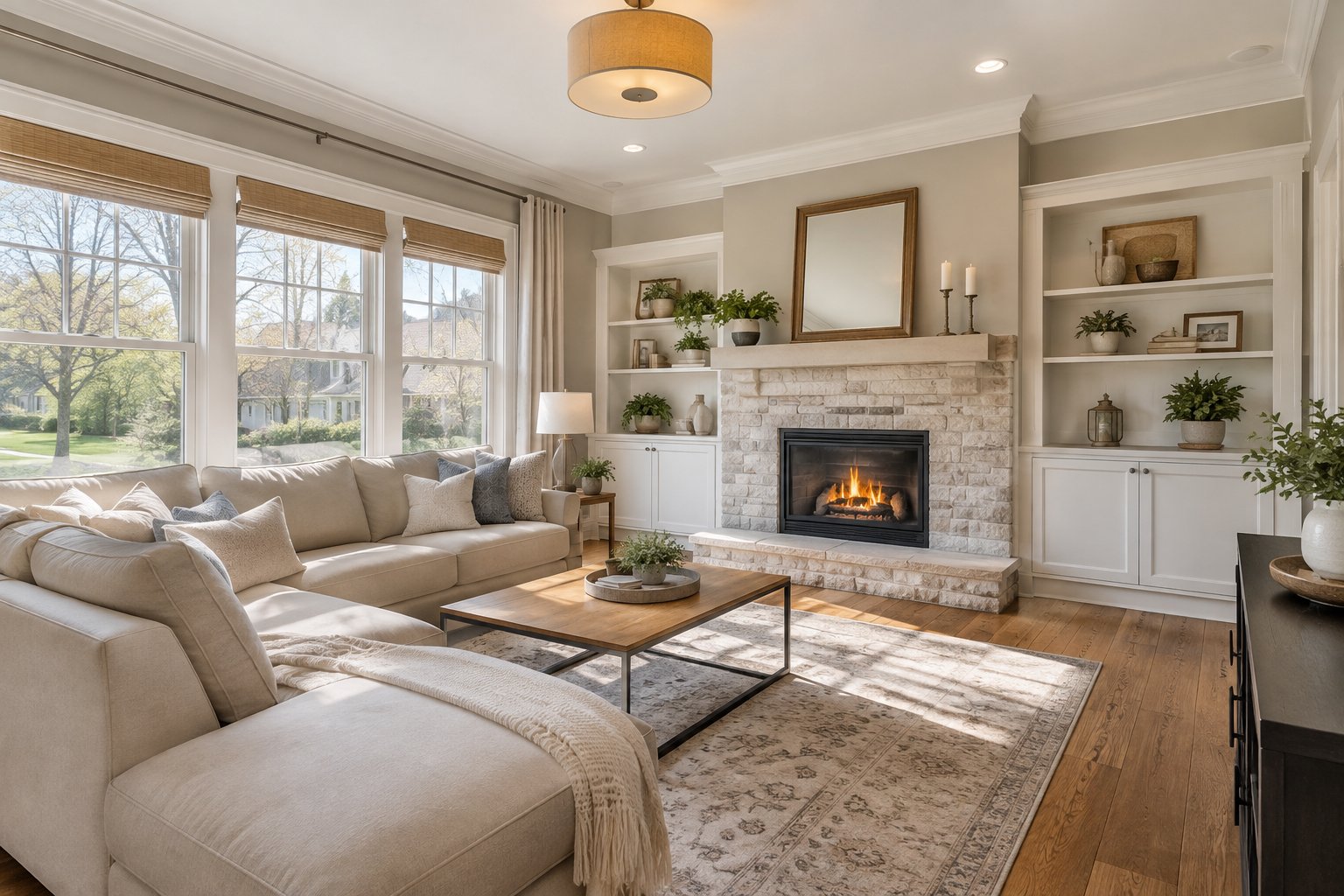 A sunlit family room with a fireplace, illustrative